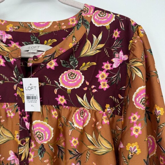Loft Mixed Print Henley Blouse beautiful fall colors top shirt blouse NWT size X - Picture 2 of 13